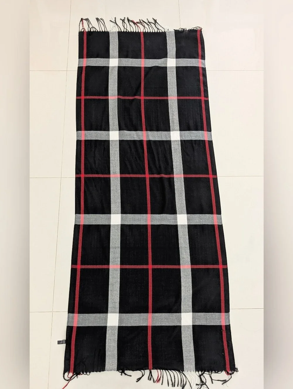 Scarf Black White Plaid  Fringe Edges Oversized Classic Shawl 66